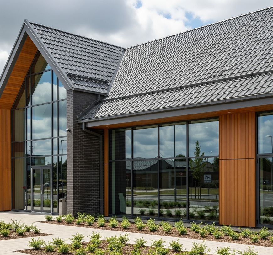 Các công trình công cộng như trung tâm thương mại, nhà hàng, khu nghỉ dưỡng cũng sử dụng tôn cách nhiệt Vitek giả ngói hướng đến phong cách tối giản