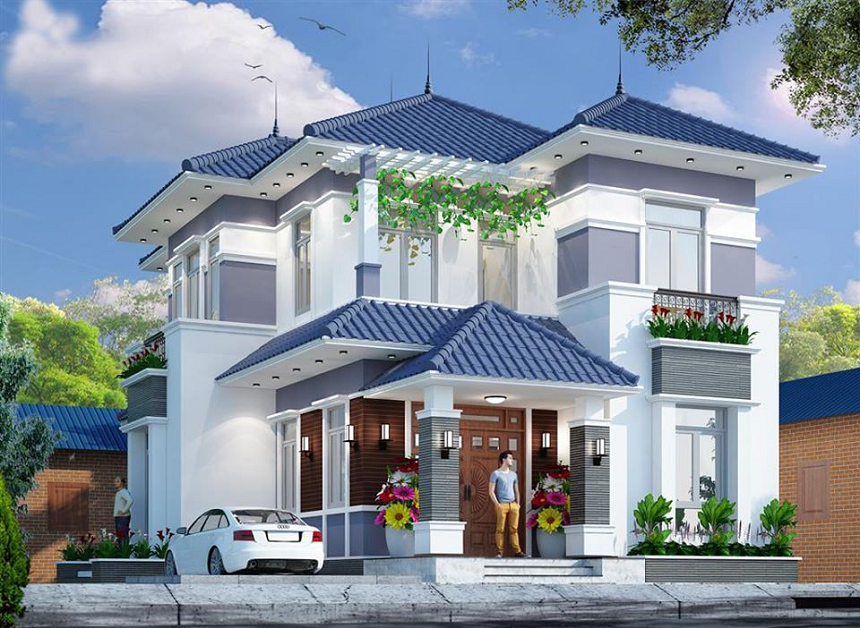 Mẫu nhà hai tầng lợp mái tôn xanh dương với thiết kế hiện đại
