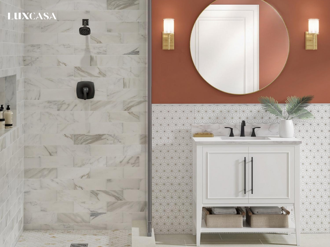 Nhà vệ sinh năng động trẻ trung với việc match nhiều chất liệu như đá tự nhiên, gạch mosaic, sơn tường tông màu nổi bật