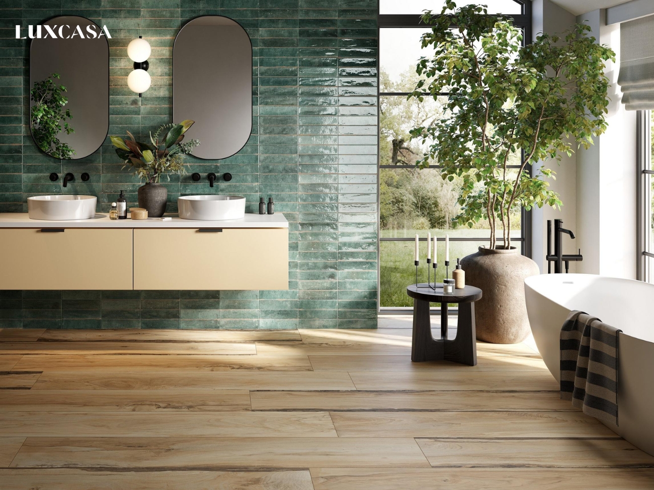 Gạch ốp tường nhà vệ sinh dạng thẻ xanh giả cổ kết hợp với nền gạch giả gỗ