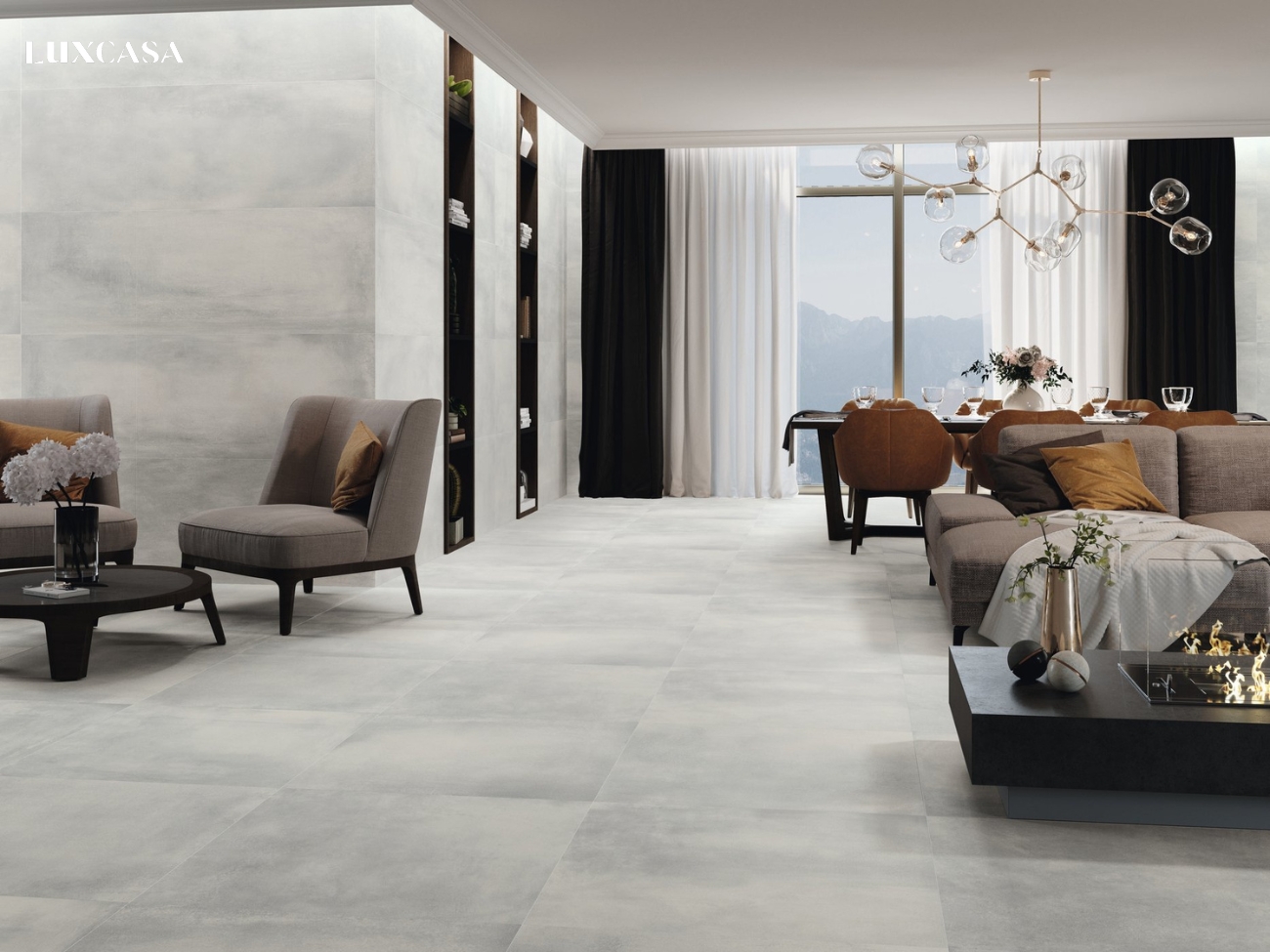 Gạch hiệu ứng bê tông cũng có thể tạo nên một phòng khách đẹp đem lại cảm giác tự nhiên và thoải mãi