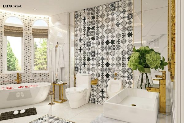 Mẫu gạch bông ốp tường phối hợp với gạch marble