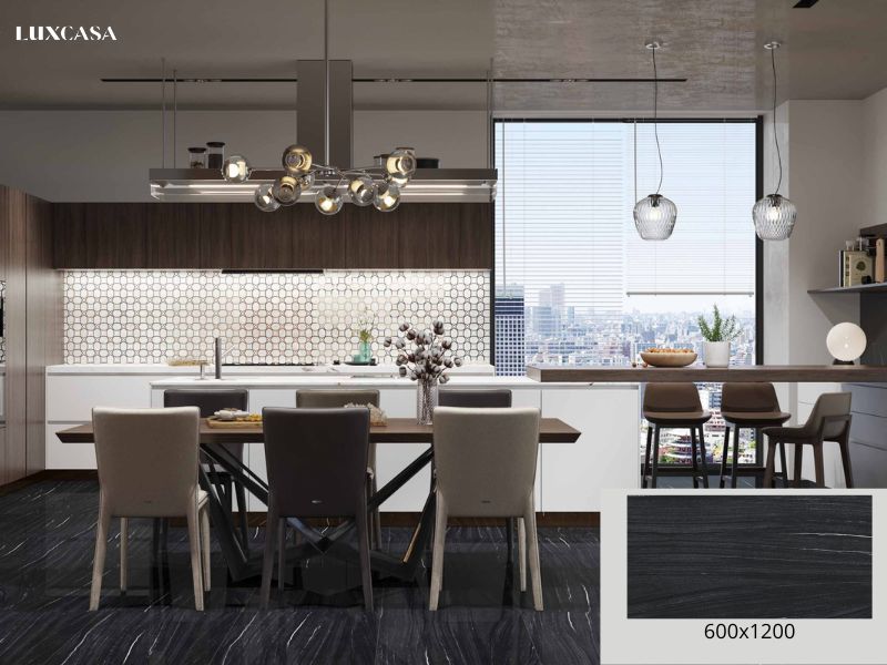 Gạch giả đá màu đen vân marble 600x1200x9(mm) LUASTRUS NERO GRANDE bề mặt siêu bóng, được sử dụng để ốp tường và lát sàn