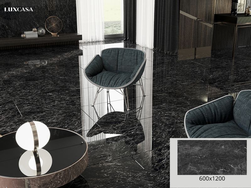 gạch giả đá màu đen lát phòng khách