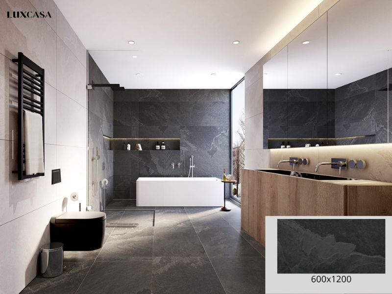 gạch giả đá màu đen lát nền nhà vệ sinh