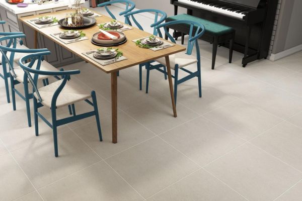 Lát nền nhà ăn bằng gạch giả đá 60x60 màu ghi xi măng