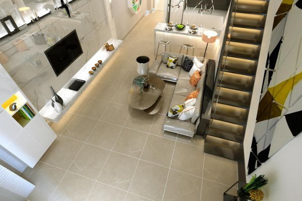 Gạch giả đá 60x60 lát nền phòng khách màu vàng be mã LUHD6852