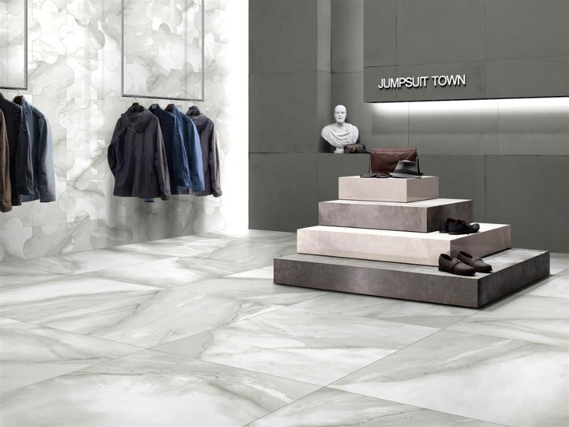 Gạch lát nền phòng khách giả đá màu xám kích thước 60x60 mang tới vẻ đẹp sang trọng và hiện đại