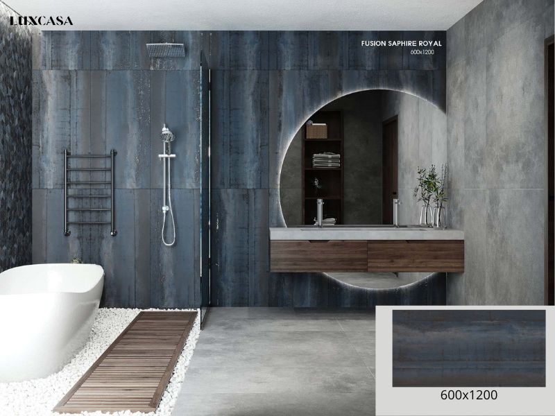 Gạch giả đá màu đen 600x1200x9(mm) LUFUSSION SAPPHIRE ROYAL bề mặt ánh kim hay được dùng ốp tường trang trí tạo điểm nhấn