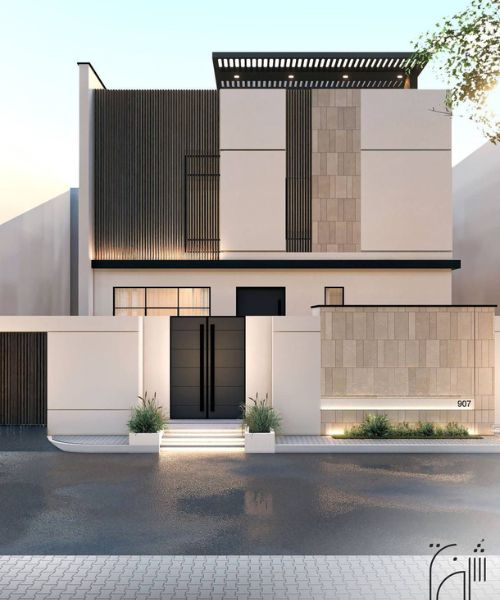 Gạch giả đá ốp mặt tiền màu be hiện đại với nhiều kích thước khác nhau