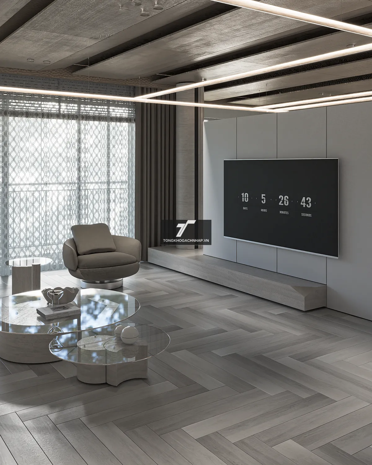 Gạch giả gỗ lát nền phòng khách tongkhogachnhap.vn