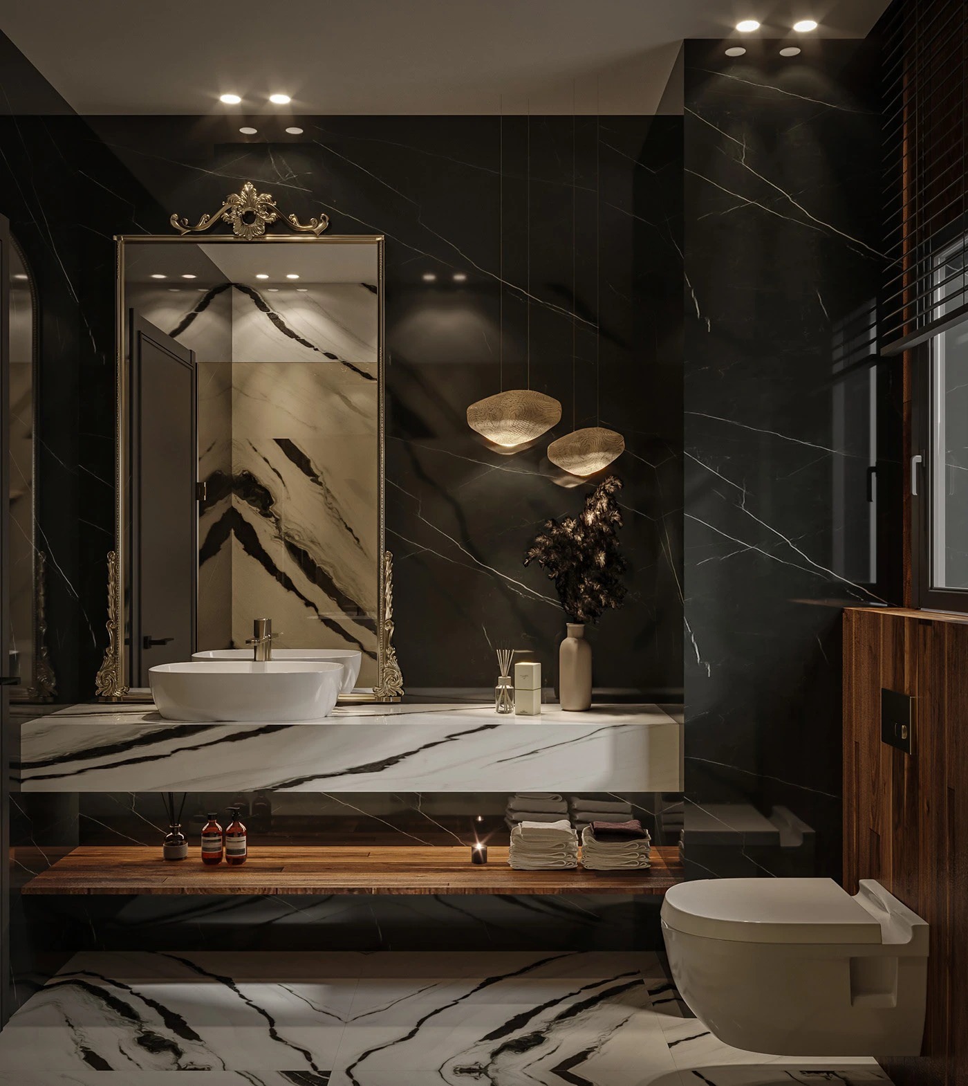 Gạch vân đá khổ lớn ốp lát nhà vệ sinh và nhà tắm với vân trắng đen mang lại vẻ đẹp sang trọng