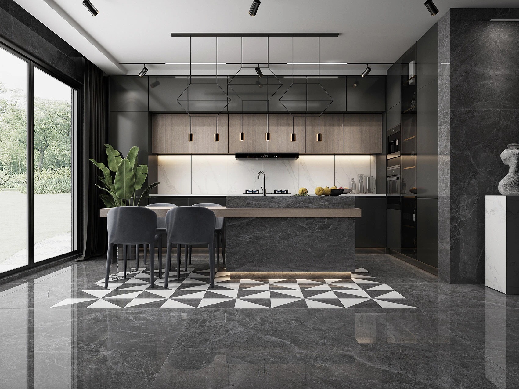 Gạch khổ lớn 90x90 màu xám đen ốp tường phòng khách và bếp mang đến vẻ đẹp sang trọng, tạo nên không gian dùng chung tinh tế và đầy phong cách