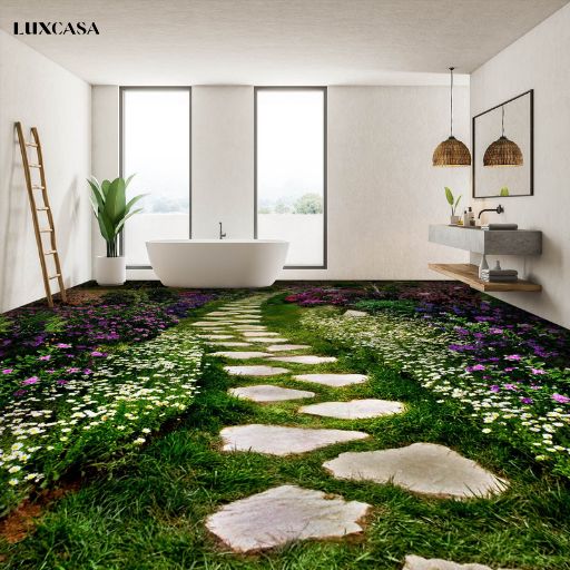 Gạch lát nền nhà tắm 3d mang chủ đề hoa lá cành tạo nên một thiên nhên rộng lớn trong không gian sử dụng