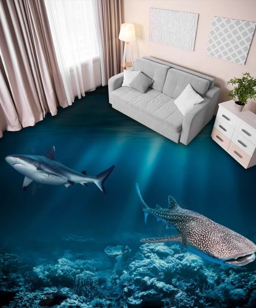 Mẫu gạch lát 3d hình cá mập ở đại dương sâu thẳm sử dụng cho nền phòng khách