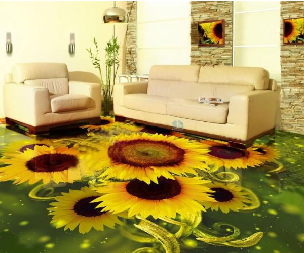 Một mẫu gạch hoa hướng dương lát phòng khách với nhứng gam màu trầm ấm