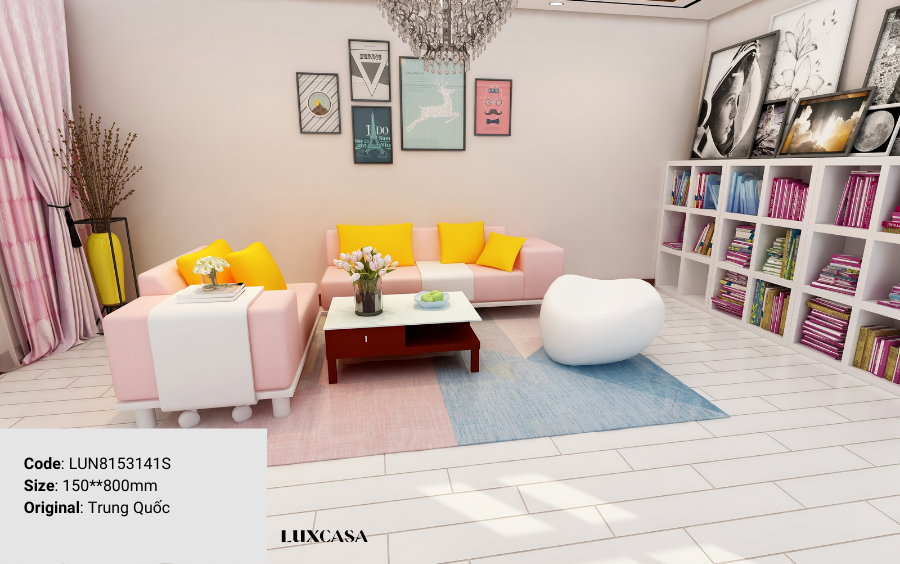 Phòng khách một gia đình có trẻ con được lát gạch giả gỗ trắng tinh tế