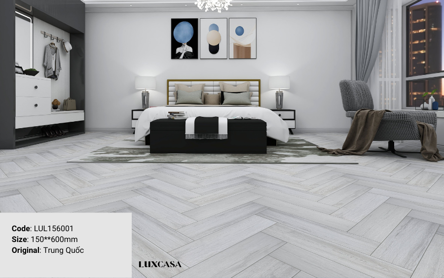 Phòng ngủ phong cách hiện đại sử dụng gạch lát nền giả gỗ tone trắng sáng sang trọng