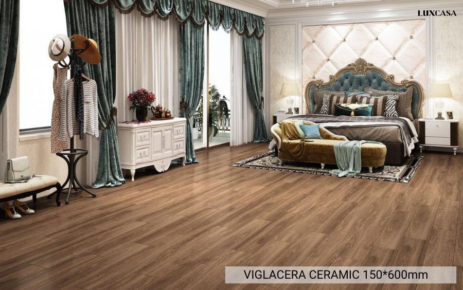 Sàn phòng ngủ phong cách hoàng gia sử dụng gạch giả gỗ tông màu tối