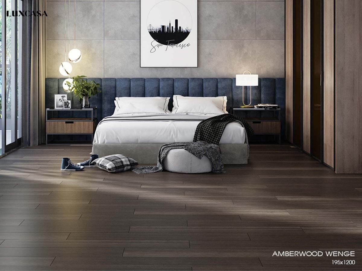 Kết hợp gạch xi măng ốp tường phòng ngủ với gạch vân gỗ lát nền LUAMBERWOOD WENGE 195X1200mm