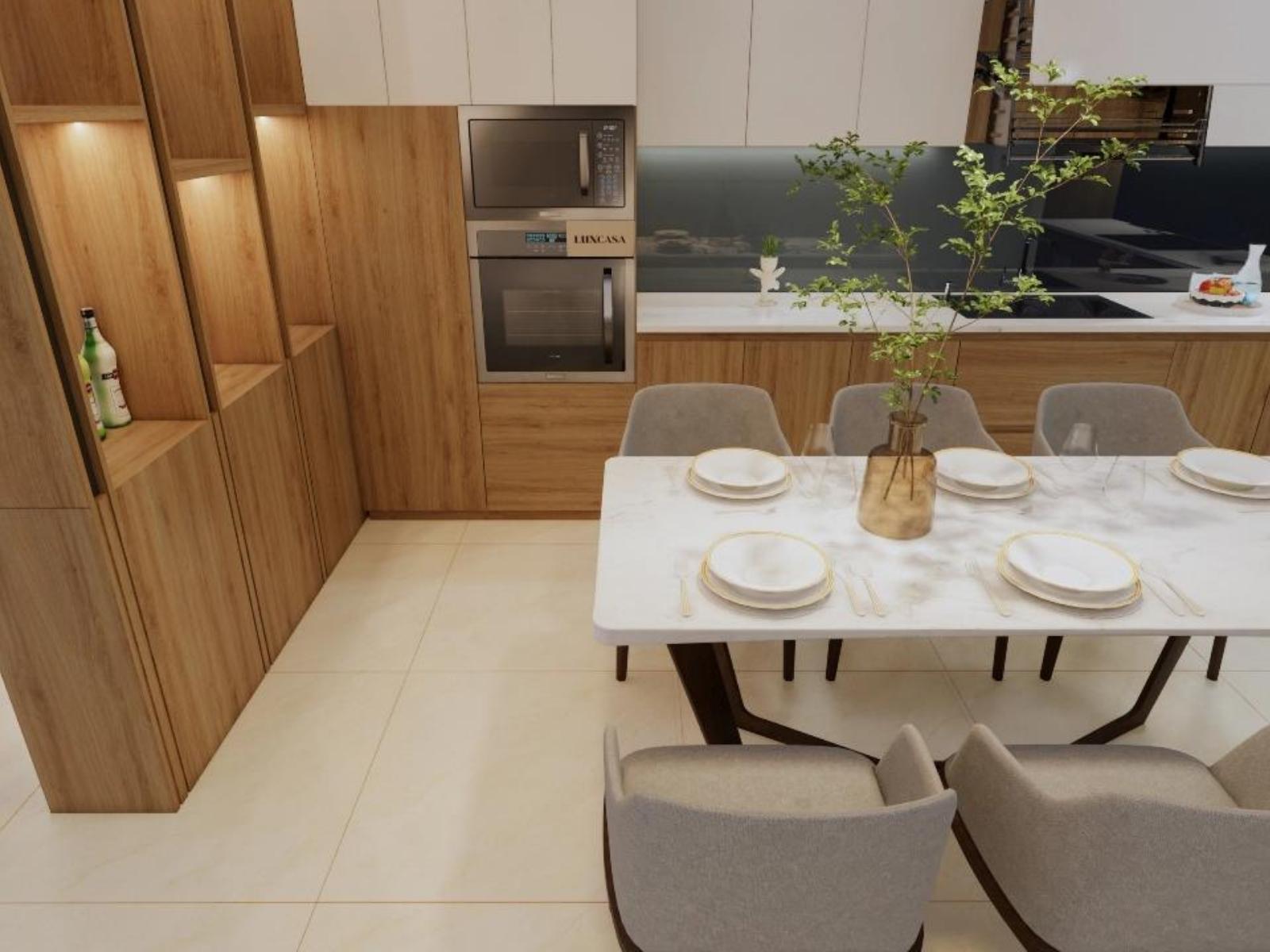 Mẫu gạch khổ lớn dùng làm nền phòng bếp trong phong cách tân cổ điển