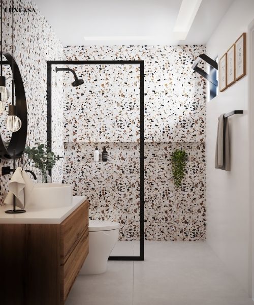 Mẫu gạch lát nền nhà tắm chống trơn với tường ốp gạch terrazzo trẻ chung
