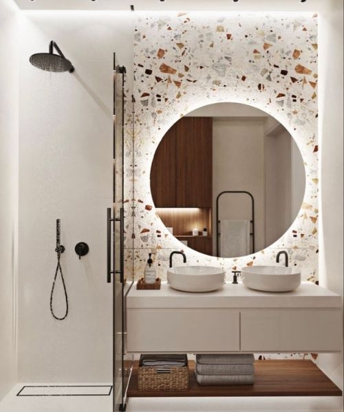 Đây cũng là mẫu gạch terrazzo cao cấp ốp tường trang trí sau gương
