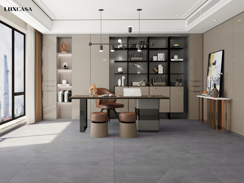 Gạch lát nền phòng khách màu xám vân đá tự nhiên