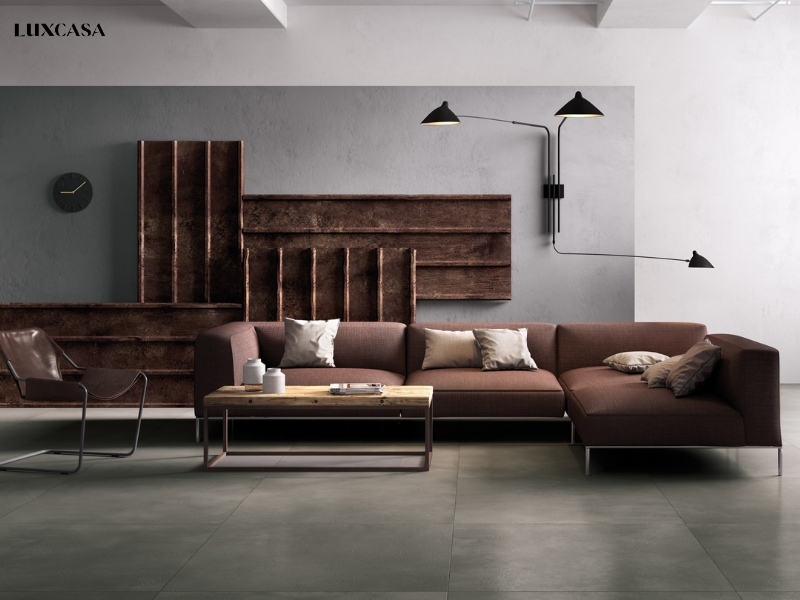 Gạch lát phòng khách vân xi măng đem đến cho bạn sự mộc mạc của tự nhiên