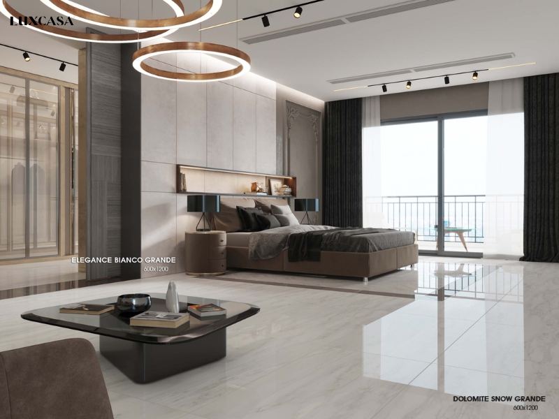 Sử dụng hai mẫu gạch vân xi măng và gạch giả đá kích thước 60x120 để ốp tường và lát nền phòng ngủ hiện đại