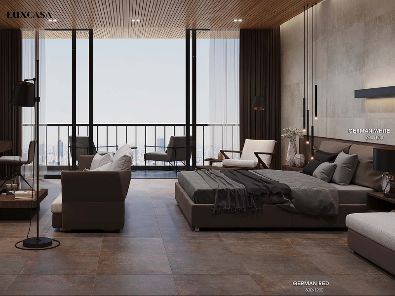 Phòng ngủ ốp lát từ hai mẫu gạch vân xi măng 60x120, đây là kích thước đang trở thành xu hướng ốp lát tương lại cùng gạch 75x150cm