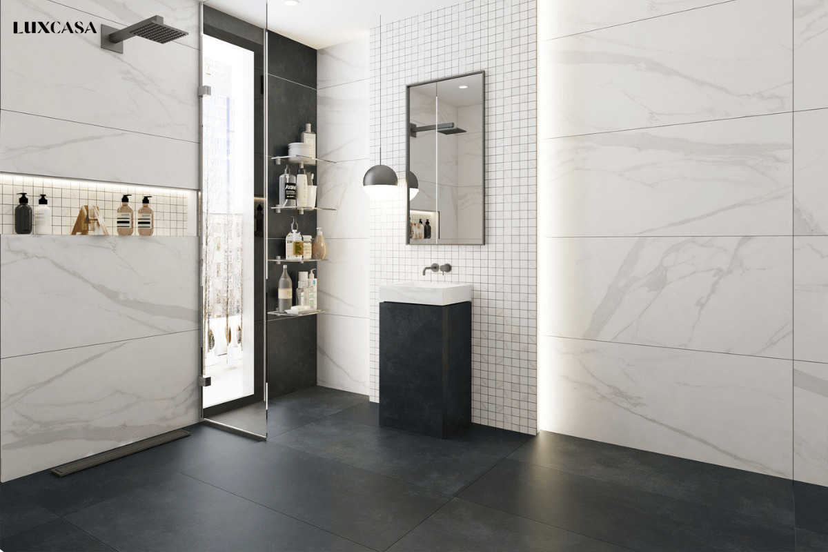 gạch lát nền giả đá phòng tắm màu đen trắng