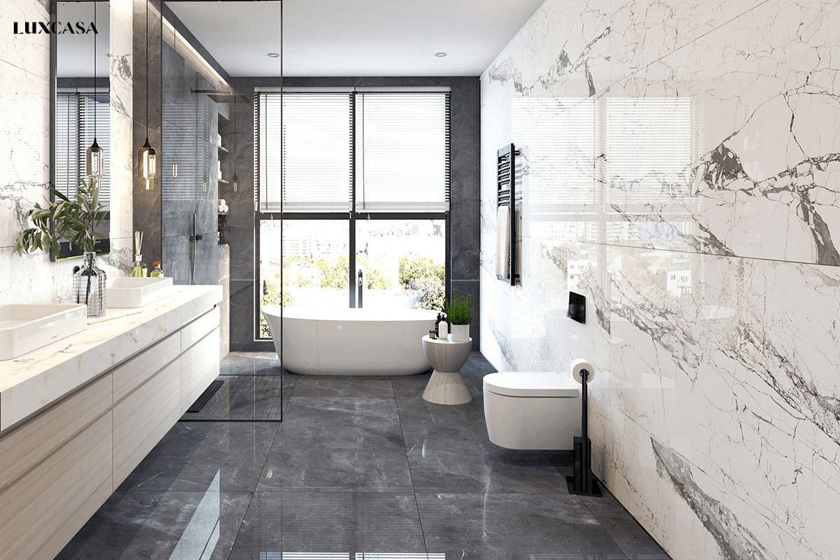 gạch lát nền phòng tắm sang trọng màu đen trắng