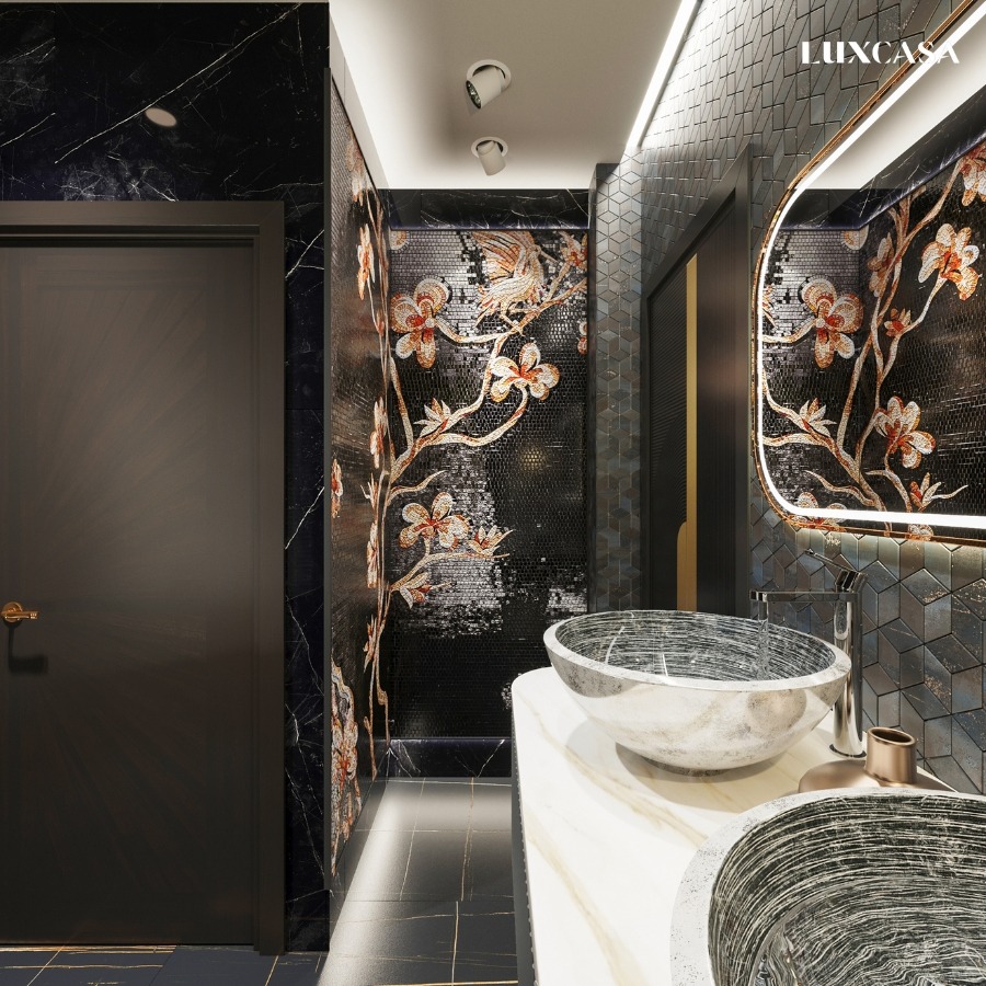 Nhà vệ sinh mang phong cách luxury sử dụng gạch tranh mosaic và gạch lục giác đặt gia công