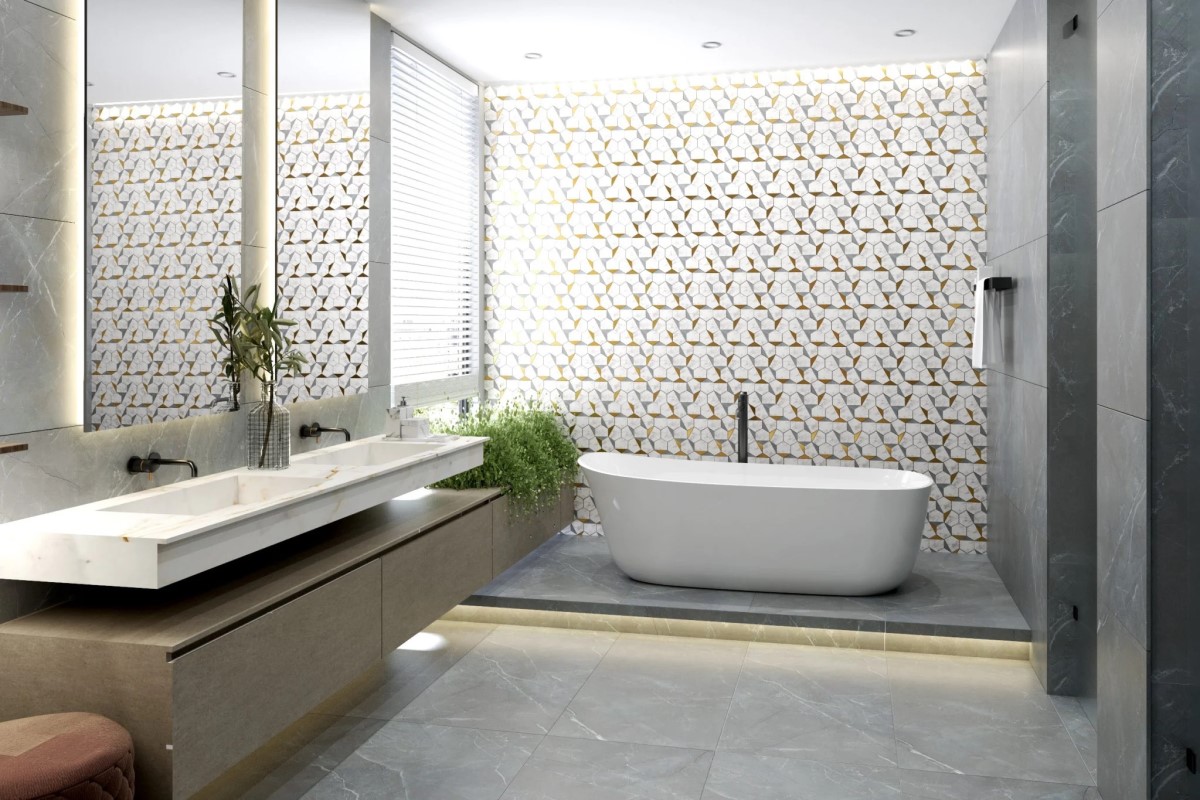 Mẫu gạch mosaic lục giác vân đá xen ké kim loại