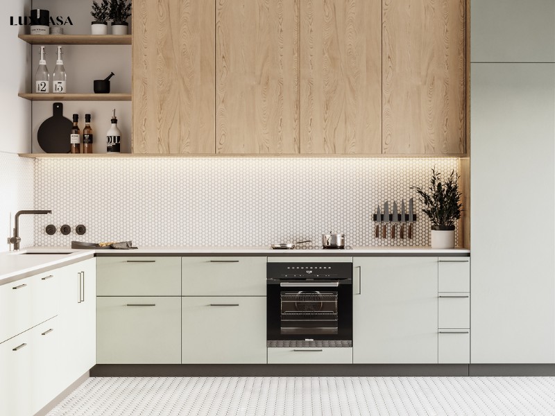 Mẫu gạch mosaic màu trắng ốp bếp hình bi tròn