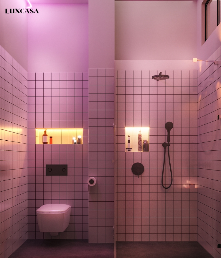 Gạch hình vuông 10x10cm với ron màu đen nổi bật và gạch màu trắng chống thấm nước là lựa chọn lý tưởng để tạo điểm nhấn cho không gian phòng tắm.