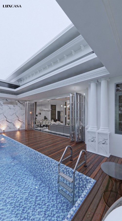 Sử dụng gạch mosaic thủy tinh màu xanh nhạt ốp lát bể bơi gia đình