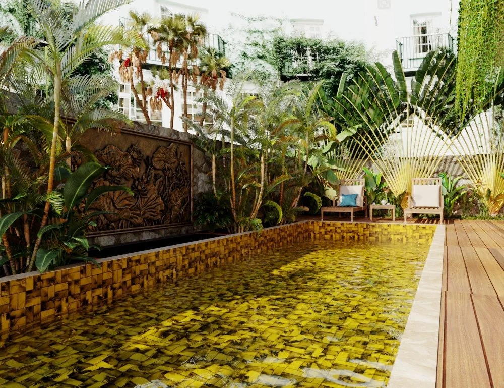 Gạch ốp lát bể bơi màu vàng rực rỡ