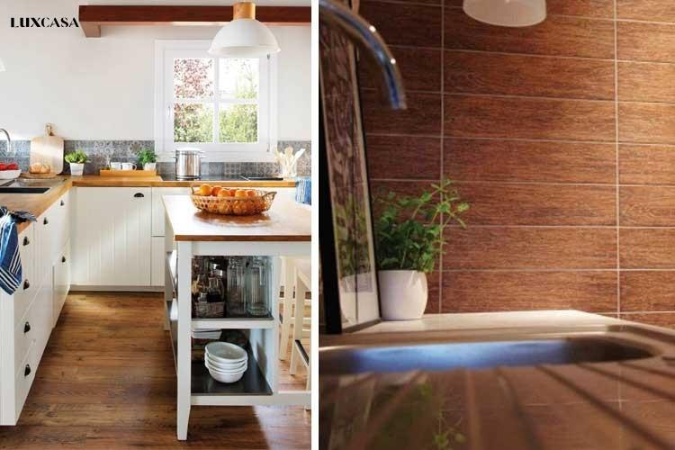 Gạch giả gỗ ôp tường bếp đi cùng nền giả gỗ để tạo nên sự đồng nhất về thiết kế