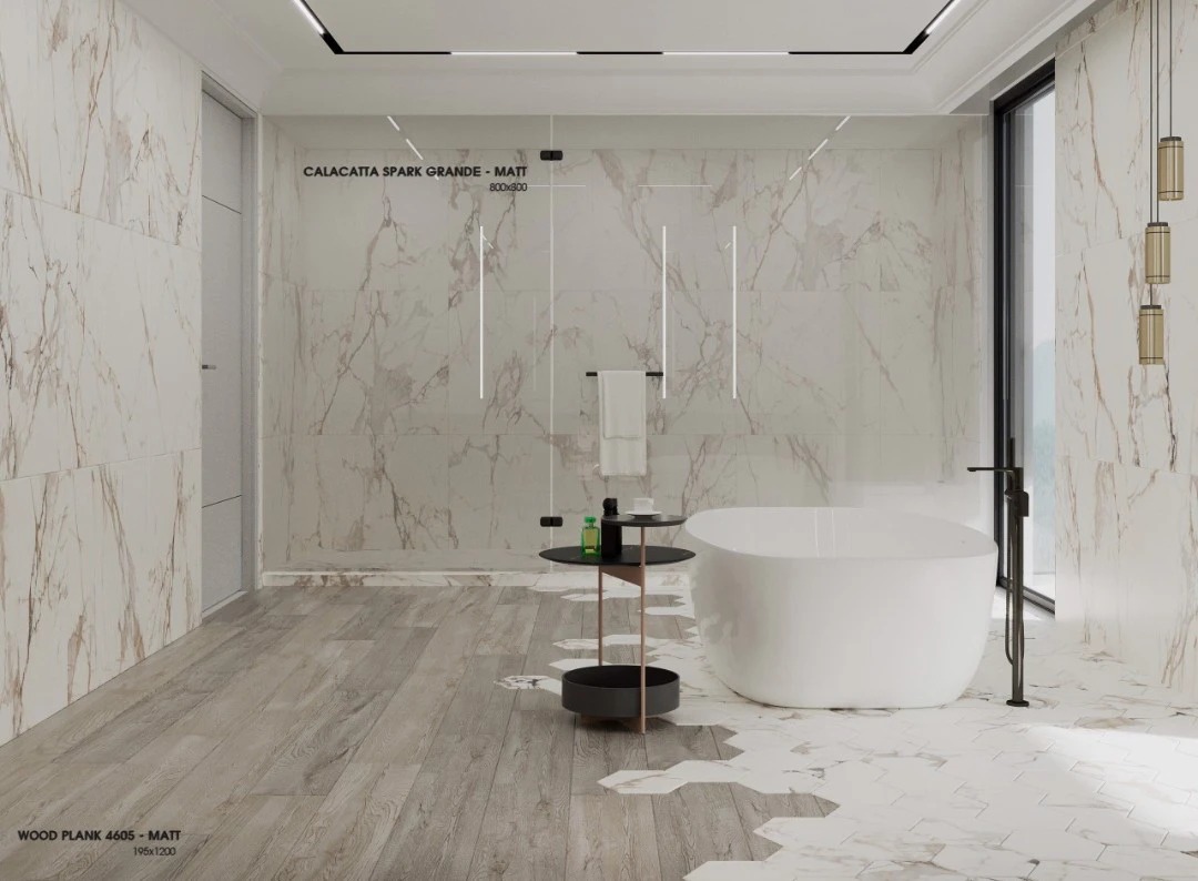 Gạch giả gỗ xám trắng phối với gạch vân đá marble