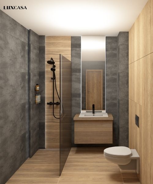 Gạch ốp nhà tắm với wc từ gạch giả vân gỗ và gạch xi măng, một sự kết hợp mới lạ nhưng tạo nên nét đẹp mới