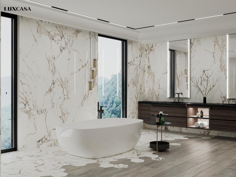 Cách phối màu gạch ốp tường giả đá marble với gạch nền giả vân gỗ