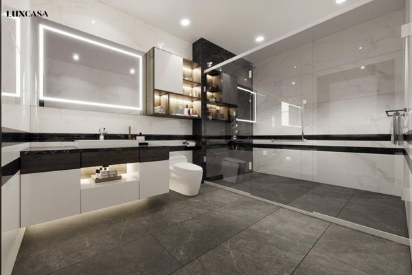 Gạch ốp nhà vệ sinh màu trắng phối màu xám của nền