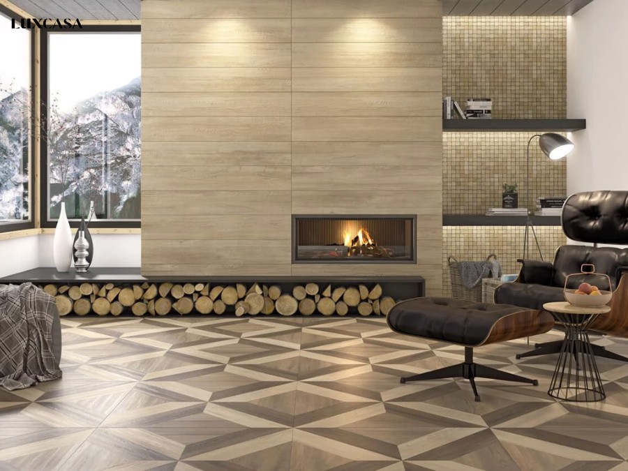 Phòng khách ốp gạch giả vân gỗ dạng thanh mang đến một không gian tự nhiên và ấm áp
