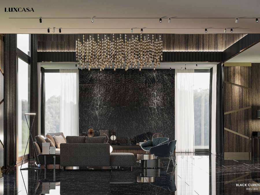 Ốp tường và lát nền phòng khách màu đen chỉ nên dùng khi căn phòng rộng lớn và thoáng để không gian không bị bí, hẹp