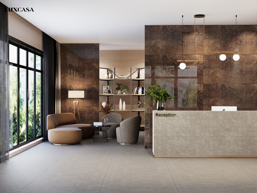 Gạch ốp vánh tường bàn quầy khách sạn, nhà hàng màu nâu đậm tạo ra một không gian tĩnh lặng. Có thể kết hợp với nội thất cùng tông màu để tạo ra một phong cách tự nhiên và thanh lịch