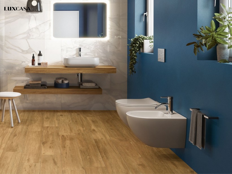 Phối gạch ốp tường 30x60 trắng - xanh tương phản