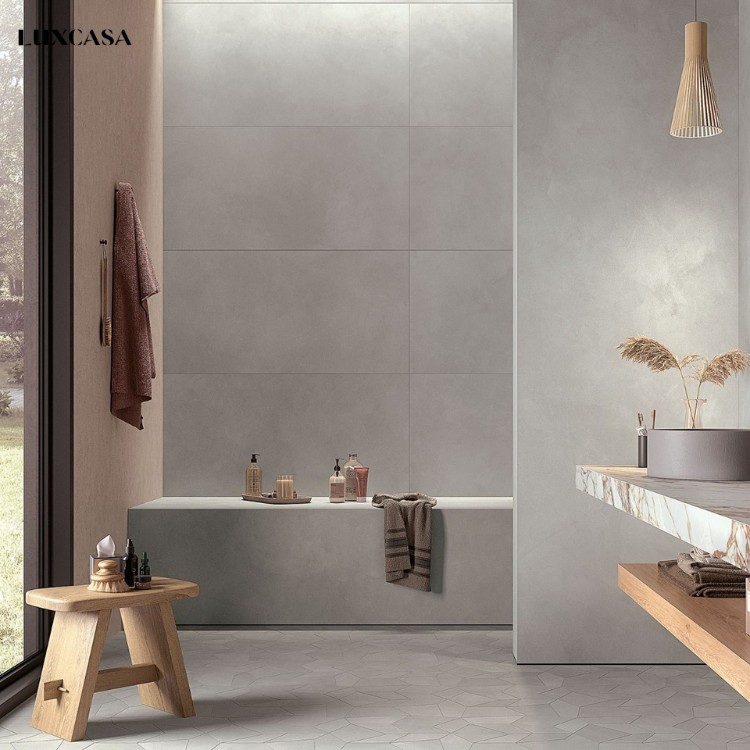 Mẫu gạch ốp tường 40x80 mau xám trơn còn được ứng dụng nhiều vị trí khác như nhà tắm, đem lại một không gian cực kỳ bắt mắt