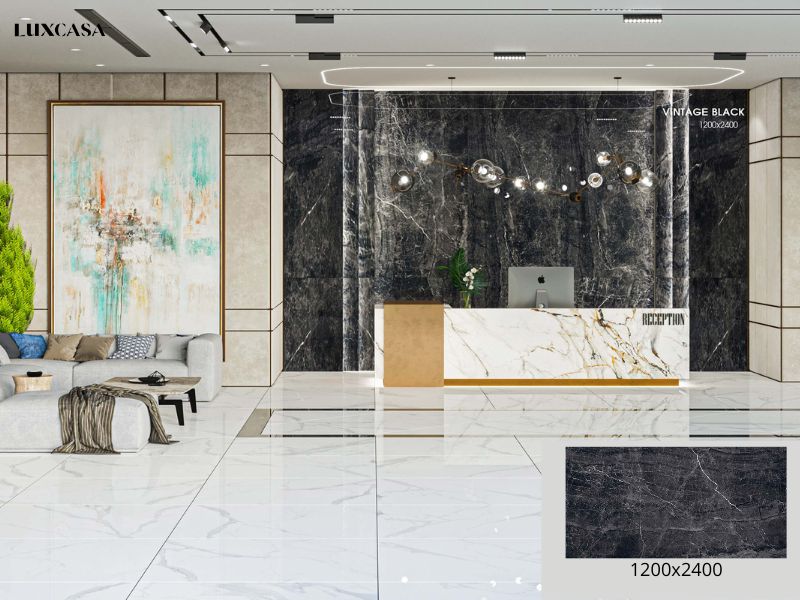 Gạch màu đen giả đá 1200x.2400x9(mm) LUVINTAGE BLACK bề mặt siêu bóng chuyên dùng ốp tường phòng khách hay nhưng vị trí sang trọng